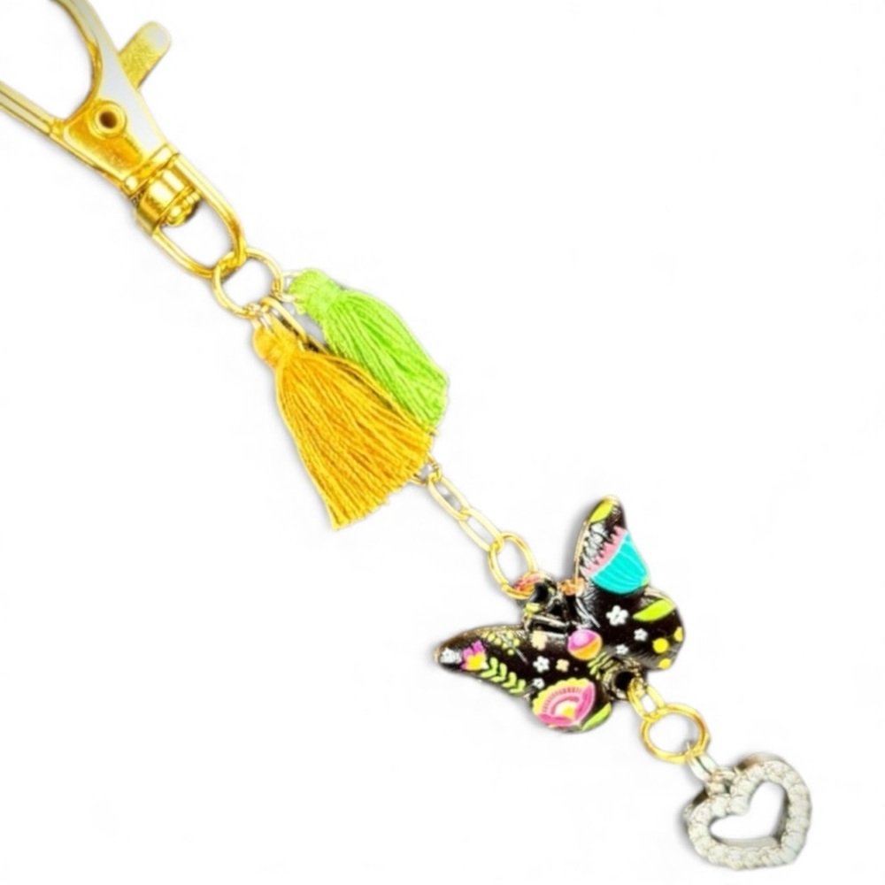 Colorful Green/Yellow Tone Butterfly & Heart Bag Charm / Keychain Hand Crafted